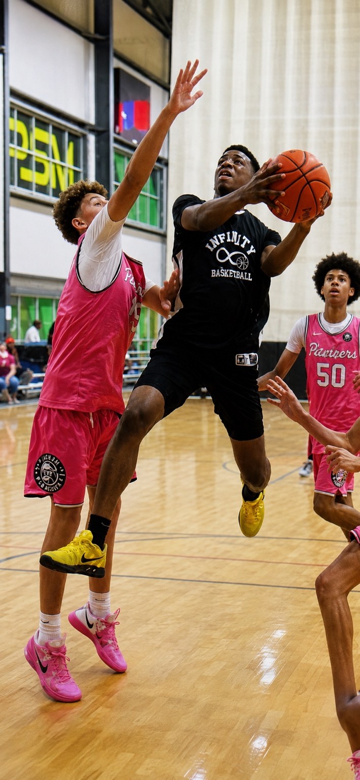 Team Infinity boys player drives toward the basket as opponents defend.